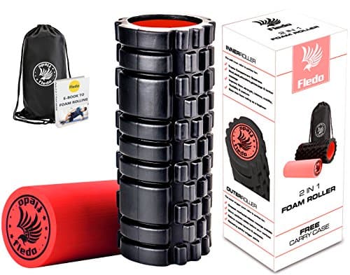 Fledo 2-in-1 Foam Roller. Trigger Point massage for Painful, Tight muscles + Smooth Rollers for Rehabilitation! FREE USER E-BOOK + FREE CARRY CASE! Black &amp; Red