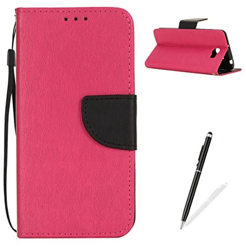 Huawei Y5 II/4A Case,MAGQI Premium Soft PU Leather Slim Fit Notebook Wallet Case Luxury Retro Two-Color Design [Kickstand] Stand Function Card Slots & Holder Magnetic Flip Protective Skin Full Body Protection Cover with Detachable Hand Strap + Free Stylus Pen for Huawei Y5 II/4A - Rose Red/Black