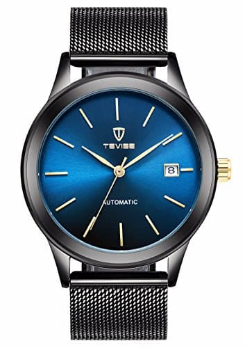 PHCOOVERS Men's Simple Analog Automatic Mechanical Stainless Steel Black Mesh Band Watch with Auto Date