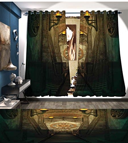 RuppertTextile Arrow Window Curtain Drape Medieval Passage with Torch and Golden Clock on Wall Mystery in Temple Print Decorative Curtains For Living Room Beige Emerald