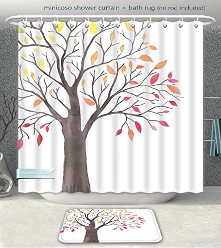 Aireeo Bathroom 2-Piece Suit Apartment Decor Forest Tree with Modern Structure Leaves and Branches Cartoon like Print Multicolor Shower Curtain And Bath Rug Set, 60" Wx71 H & 23" Wx16 H