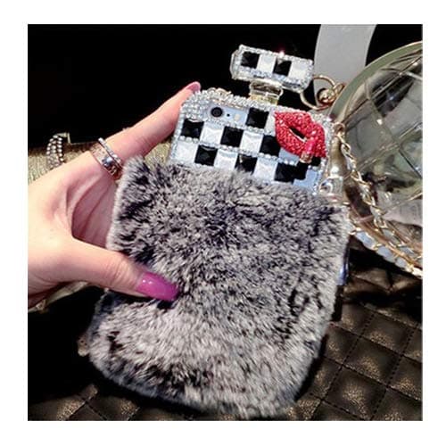 Samsung Galaxy Note 9 Case, CoverProof Luxury Warm Soft Beaver Rabbit Fur Hair 3D Handmade Glitter Diamond Crystal Rhinestone Perfume Bottle Phone Case Cover - Gray Lips