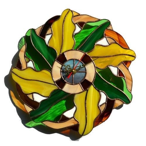 Decorative Oak Leaves Fall Wall Clock 12 Inch Non Ticking Silent for Kitchen Living Room Bedroom, Unique Stained Glass Autumn Home Decor, Boho Themed Tiffany Style Handmade Art