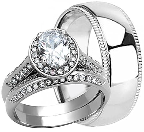 Wedding rings set His and Hers Mens Beveled Edges TITANIUM &amp; Womens STAINLESS STEEL Matching Engagement Bridal Rings set