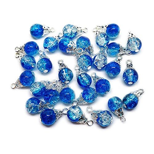30pcs Handcrafted Crackle Glass Beads Drops w/Silver Wire & Bead Cap for Jewelry Making by Beading Station (Blue)