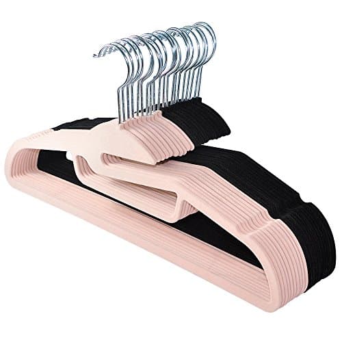 JSLHOME Velvet Suit Coat Hangers Premium Quality Multi-Function Ultra Thin Non Slip and Heavy Duty Black and Pink Pack of 20