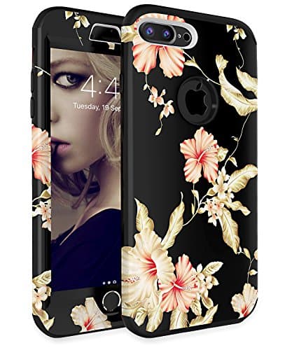 iPhone 7 Plus Case iPhone 8 Plus Case ADCOOG[Flowers] Three Layers heavy duty Shockproof Soft Silicone Anti-Scratch Anti-Fingerprint Hard PC Hybrid Protective Case for iPhone 7/8 Plus(Black+Flower1)