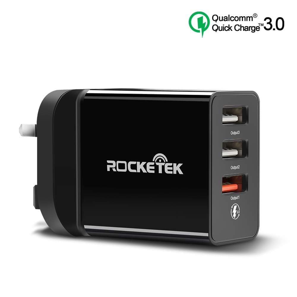 Rocketek USB Charger USB Wall Charger Plug, 30W 3-Port Mains Adapter Plug Power Adapters with QC 3.0 and Dual USB 2.0 Plug for Galaxy S9 / Note 8, LG, Google Pixel/Nexus, iPhone X and More –Black