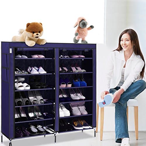 Bluefringe Shoe Rack Shoe Storage Organizer Double Row 36-Pair with Thicker Dustproof Nonwoven Fabric Cover, Side Pockets and Sturdier Plastic Connector(6-Tiers Navy Blue)