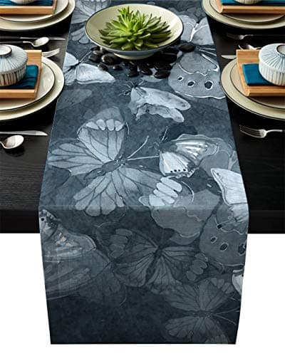 Olivefox Linen Burlap Table Runner 14x72 Inches Long, Hand Painted Dark Butterfly Grey Farmhouse Table Cloth Dresser Scarf for Holiday Parties, Dining Room, Home Kitchen, Wedding Decorations