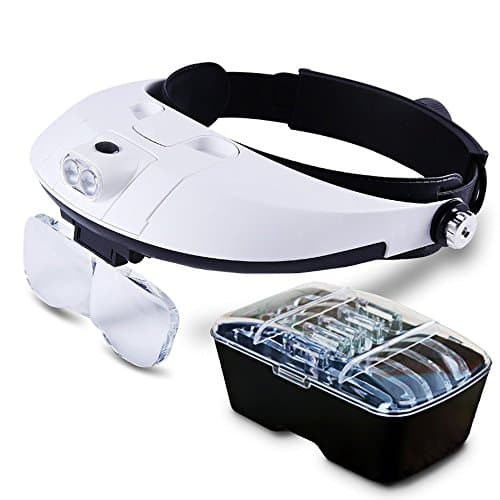 Illumination Headset | Superb 2 Set Headband LED Lamp Light with 5 Prime Grade Magnifier PC Lens for Reading or Micro Works, Adjustable to Fit Any Head Size, Black and White | 385.2