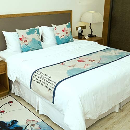Bed Runner Bed Scarf Tea Cloth Zen Bed Flag Bed Scarf Chinese National Wind Cotton and Linen Tea Tablecloth Guqin Tea Tablecloth Table Flag, Blue Lotus Cotton Bed Towel, 240X43cm (1.8m Bed)