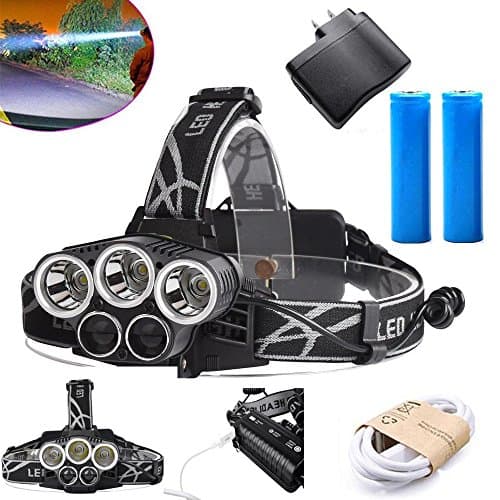 Headlamp ,Best Brightest 6 Modes LED Headlight,5 LED Original Cree XML T6 Bulbs ,Waterproof Flashlight with 90º Moving Light-18650 Rechargable Battery Adjustable Headband,Best for Camping Running Hiki