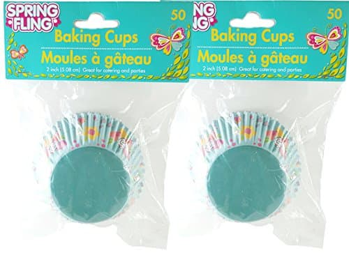 Spring Fling! Festive Cupcake Baking Cups ~ 100 Count (Flowers and Lady Bug on Blue)