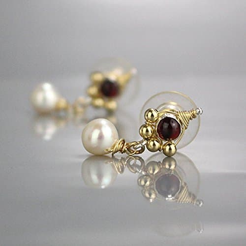 Elegant Garnet and Pearl Drop Stud Earrings in Gold Filled, Garnet Birthstone Earrings