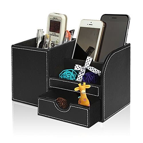 Leather Desk Organizer with Drawer, Jokovian Multi-function Pencil Holder f or Desk to organize Pen, Pencil, Name Cards, Phone, Key, Remote Control Holder for Home, Office, School (Medium, Black)