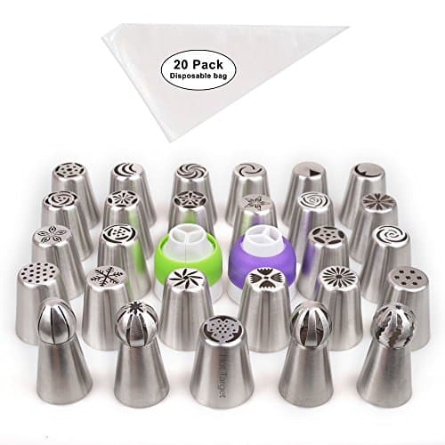 Russian Piping Tips Extra Large 49 Piece Set - 27 Russian Nozzles (Includes 4 Sphere Ball Tips!!) + 20 Disposable Bags &amp; 2 Couplers (Large variety of Different Shapes).