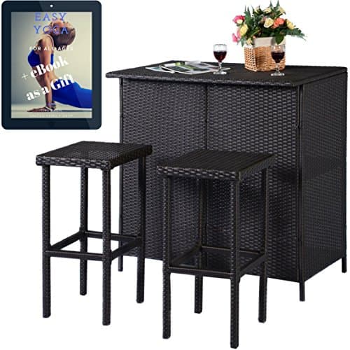 Bar Wicker Table and 2 Stools Furniture Set 3 Piece, Brown + eBook – All-weather Outdoor Garden Backyard Patio Rattan Barstools and Table with Shelves for Bottles and Food Storage – United Family