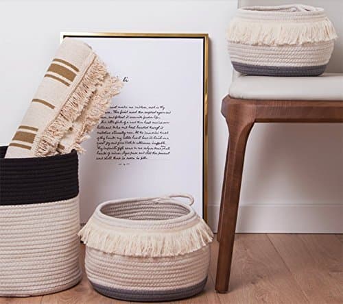 GRAS white and grey cotton thread baskets with tassles/handmade fashion plant holder/white laundry basket/Wholesales bulk
