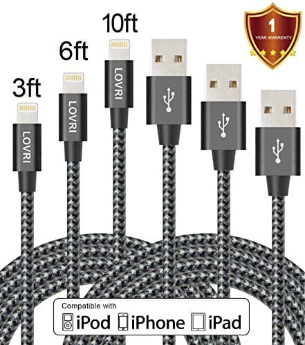 LOVRI 3pack 3ft 6ft 10ft Nylon Braided Charging Cable Cord 8Pin Lightning to USB Cable Charger Compatible with iPhone 7/ 7 Plus/6/6s/6 plus/6s plus, iPhone 5/5s/5c,iPad, iPod and More (Black Gray)