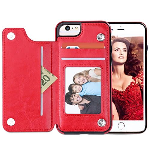 iPhone 6 Wallet Card Case, Aemotoy Premium PU Leather Flip iPhone 6s Case with Credit Card Slot Dual Layer Anti-Scratch Shockproof Protective Cover Soft TPU Bumper for iPhone 6/ iPhone 6s - Red