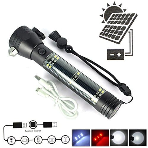 Solar Linterna Led Rechargable Usb Flashlight Work Light Magnetic Lifesaving Hammer for Outdoor Escape Rescue Tool With Compass - Can also Charge Cellphone, MP3, Tablet and much more