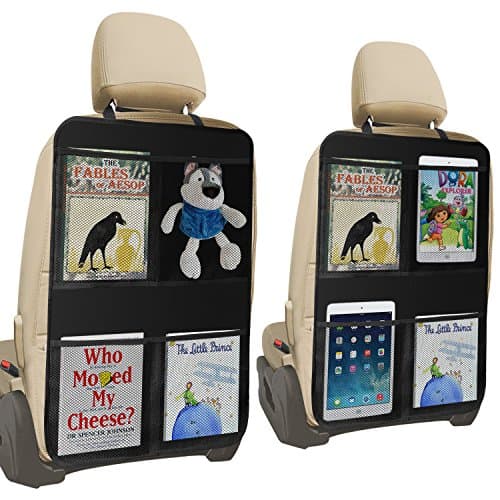 Universal Seat Back Protectors Kick Mats with 4 XX-Large Organizer Pockets iPad for Car Vehicle SUV, Backseat Child Kick Guard Seat Saver, Deluxe Washable Adjustable Seat Back Covers, 2 Pack (28X20)