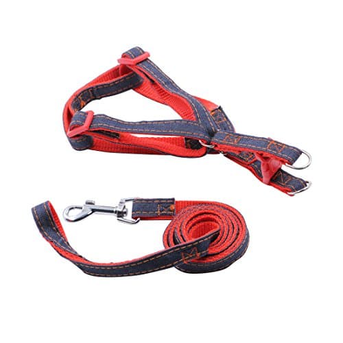 LuWees Dog Leash Harness Adjustable &amp; Durable Leash Set &amp; Heavy Duty Denim Dog Leash Collar for Training Walking Running, Rescue No-Pull Harness for Small/Medium Dog,Red