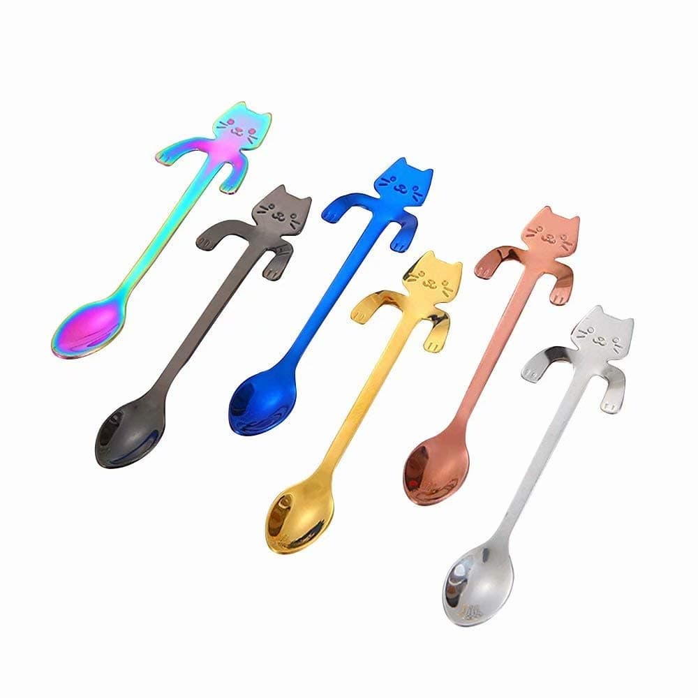 6 Pcs Stainless Steel Coffee Spoon Mini Cat Kitty, Tea Soup Sugar Dessert Appetizer Seasoning Bistro Spoon, Hanging Cup Spoon Kitchen Gadget