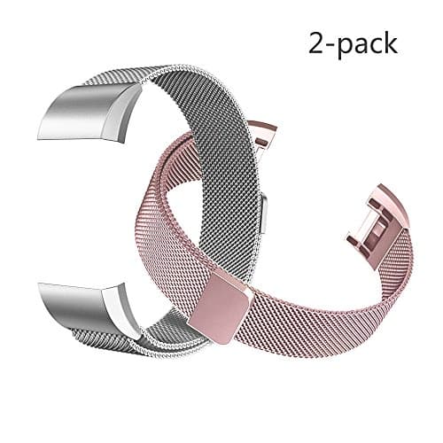 Tecson Small Bands Compatible Fitbit Charge 2, 2PCS Milanese Metal Stainless Steel Replacement Wristband with Magnet Lock for Fitbit Charge 2, Rose Pink and Silver