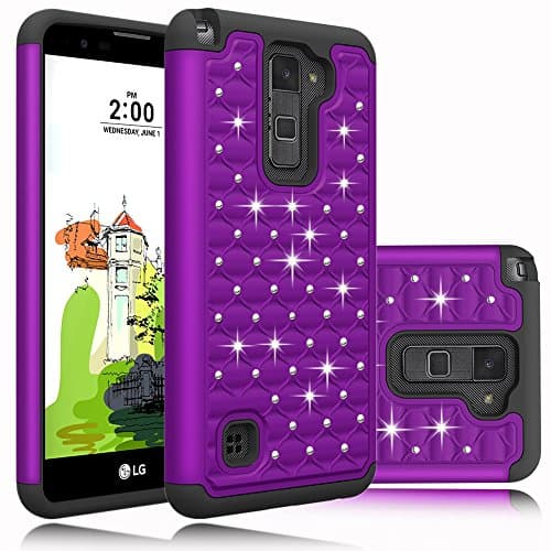 LG Stylo 2 Plus Case, Heng Tech (TM) Hybrid Dual Layer Hard &amp; Soft Studded Rhinestone Crystal Bling Diamond Defender Case for LG G Stylo 2 Plus / LG Stylus 2 Plus (Purple)
