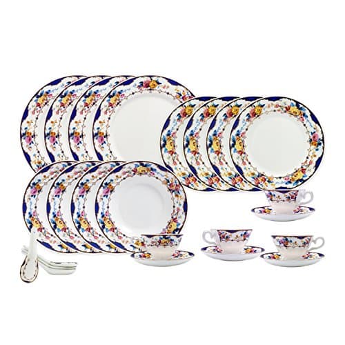 TransSino Treasures Bone China 24 Piece Dinnerware Set Floral Design and Blue Border, Service for 4