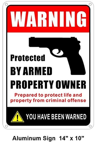 Rockmount Electronics Rust Free Aluminium Sign Large 14" X 10" - Protected by Armed Property Owner/You Have Been Warned - Gun Handgun Security Alert Aluminum Metal Warning Sign