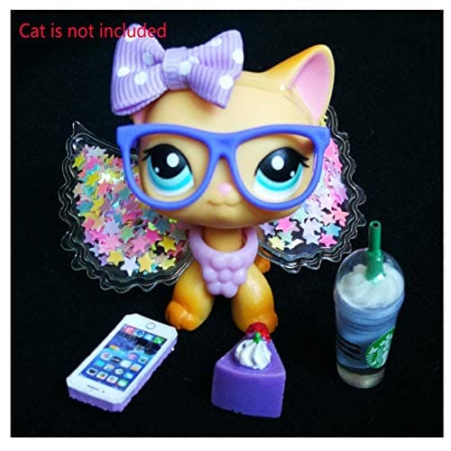 LPS Accessories Kit Wings Glasses Bow Collar Drink Cake 7 PCS Outfit Lot Gift Bag for LPS Cat and Dog CAT is NOT Included (Purple)