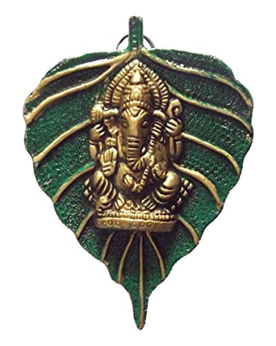 HAND CARVED METALLIC GREEN GANESH STATUE ON LEAF WALL HANGING HINDU GOD (SMALL)