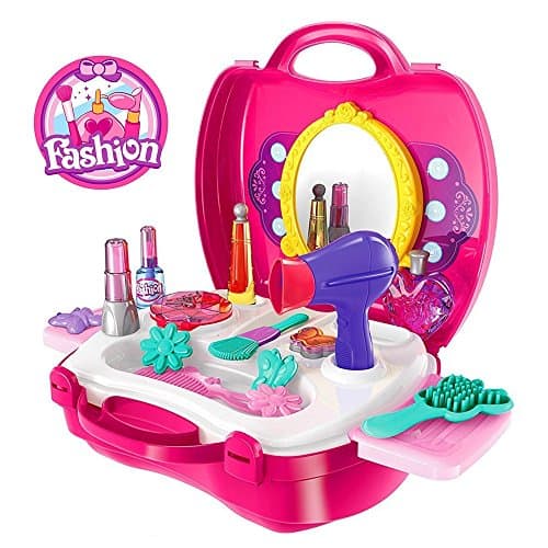 Kids Pretend Play Make Up Case And Cosmetic Set, Durable Beauty Kit Hair Salon with 21 Pcs Makeup Accessories for Children Girls