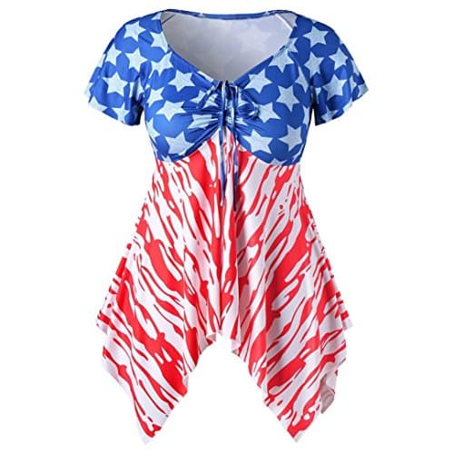 Nikuya Women Short Sleeve Blouse Pullover Tops Plus Size Flag Print Bandage Shirt (XL, Blue)