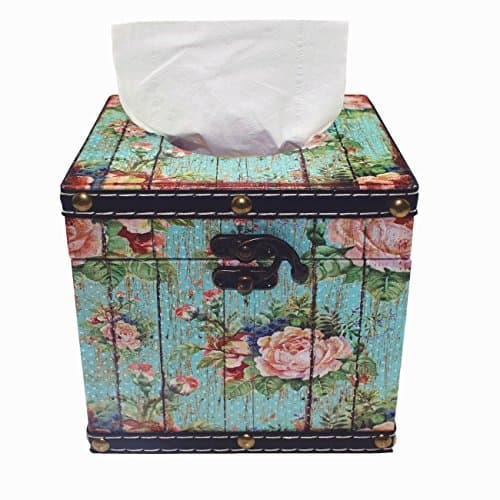 Retro Tissue Box Cover Holder,Square Pumping Paper Case Dispenser Desk Organizer for Bathroom Vanity Countertops Office(Blue Peony)(Blue Peony)
