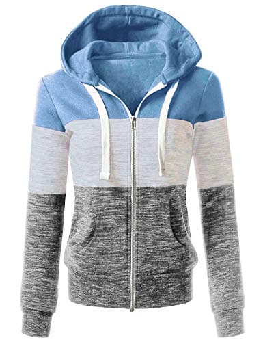 Womens Long Sleeve Zip Up Hoodie Top Color Block Basic Casual Hooded Sweatshirt