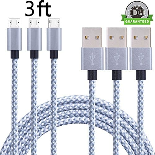 AOSON Micro USB Cable [3pcs 3ft] Braided Fast Charger Cordsfor Samsung USB Cables/Android Cables - Micro USB Charging Cables for Galaxy S7/S6/S5,Note 5/4/3,HTC,LG,Nexus Sony (3X3ft Silver)