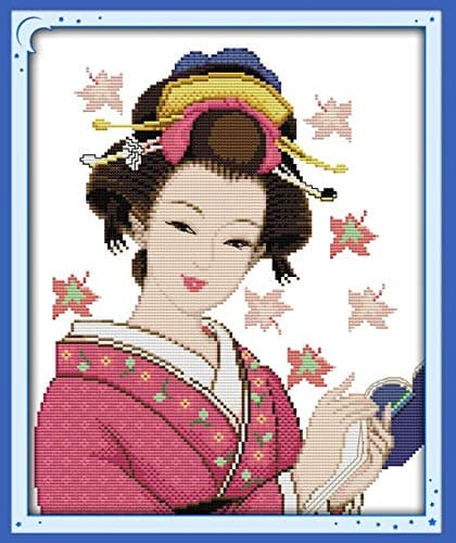 Newest Printed Cross Stitch Patterns 14 Count Kits Embroidery Needlework Japanese Geisha Beauty Girl Decor (11ct Print Fabric)