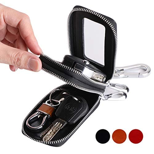 Jasilon Car Key Case, [Luxury Genuine Leather][Double Zipper][Large Capacity] Car Key Fob Case, Car Key Holder with Meatal Hook for Women Men-Black