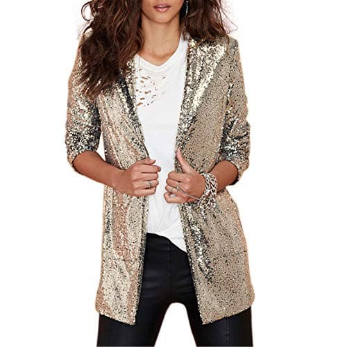 Women's Sparkly Sequin Open Front Jacket Coats Long Sleeve Midi Blazer