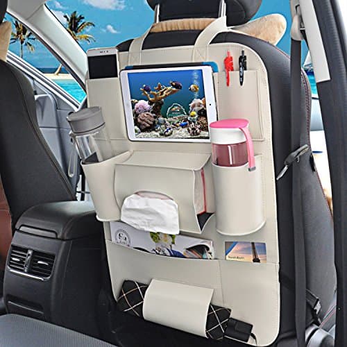 Congerate 5 Color Option PU Leather Car Seat Back Organizer AutoMuko iPad and Tablet Holder Fit Most Vehicles,Backrest Pocket for Children, Kick Mat and Car Organizer (Cream White)