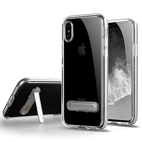 OWIKAR iPhone X Case, Crystal Clear Hard Ultra Slim Fit Anti Scratch Bumper with Magnetic Metal Kickstand Protective Case Cover for Apple iPhone X (Silver)