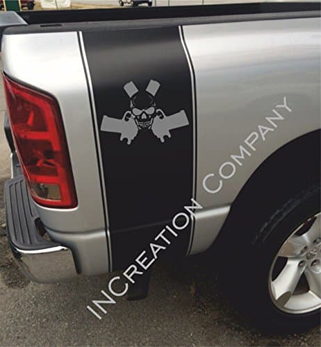 2002-2018 Dodge Ram Dakota 1500 2500 Rear Side Bed Black Decals, Skull and Guns Daytona RT Super Rumble Bee Stripes Vinyl Stickers, 5.7 L auto Graphics SRT hellcat, Mopar, Hemi, Rebel