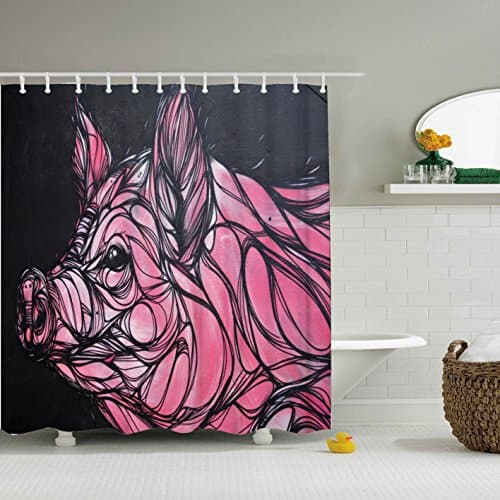 Pink Art Fat Pig Shower Curtain-Gift Ideas Polyester Fabric 12 Hooks Included-69"x84"