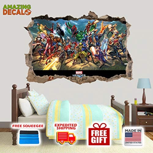 AMAZING DECALZ Marvel Super Heroes Graphic Broken Wall 3D Sticker Decal Removable Mural Decor Art Wallpaper Baby Kids Children Nursery Living Room Peel & Stick Vinyl (XL (Height 30"x 45" Wide))
