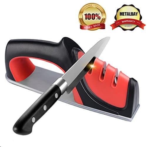 Knife Sharpener Kit, METALBAY Chef Safe & Skidproof 3-stage Steel Diamond Knife Sharpending Set with Repairing, Restoring, and Polishing,Chefs Choice Knife Sharpening System-Red & Portable