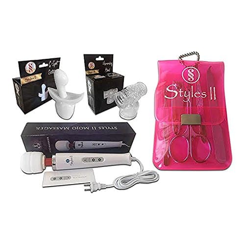 Styles II Bundle Pack - Includes (Styles II Manicure Set (Pink), Styles II Mojo HandHeld Massager 10 Pulsation and 2 Set Styles II Massagers Attachments)